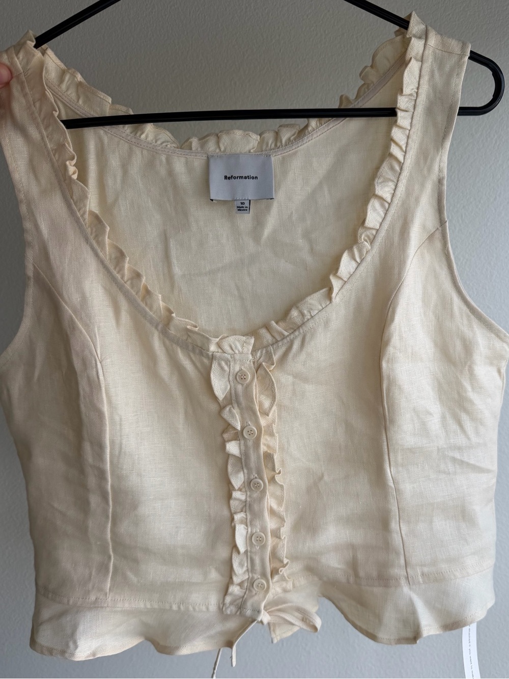 Reformation Cream Ruffle-Trim Button-Front Linen top - Picture 4 of 9